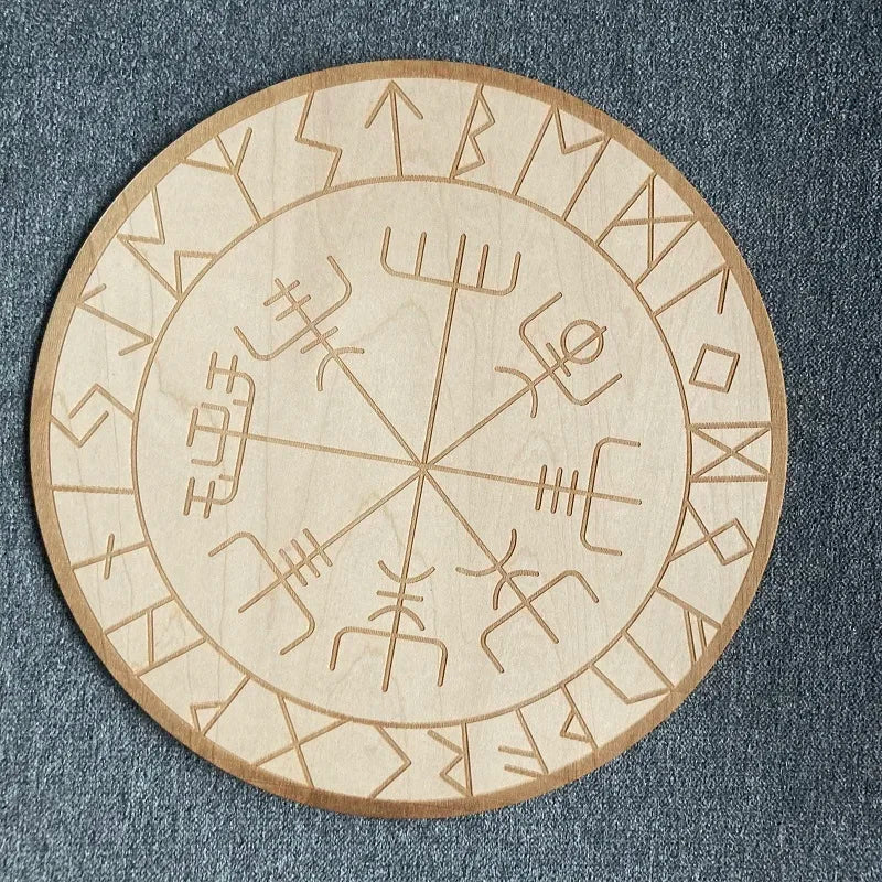 20cm Wood Round Altar Tile/Pad with viking compass