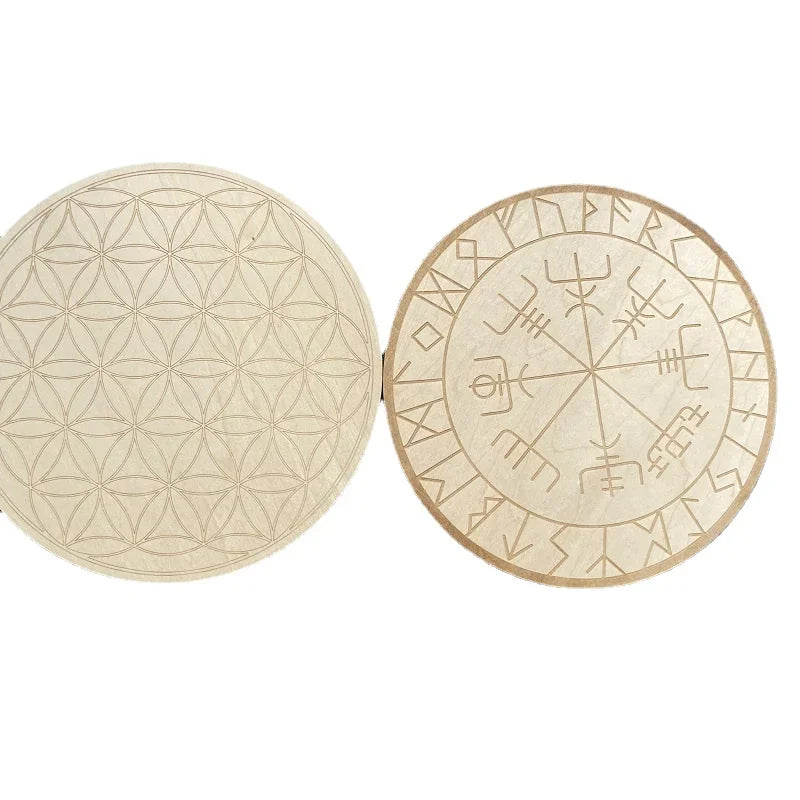 20cm Wood Round Altar Tile/Pad with viking compass