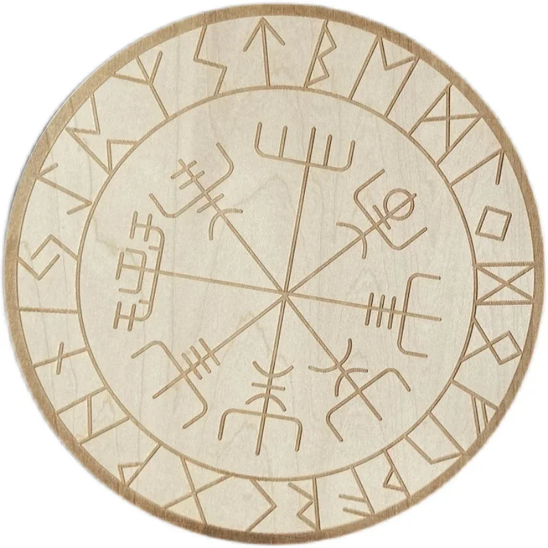 20cm Wood Round Altar Tile/Pad with viking compass