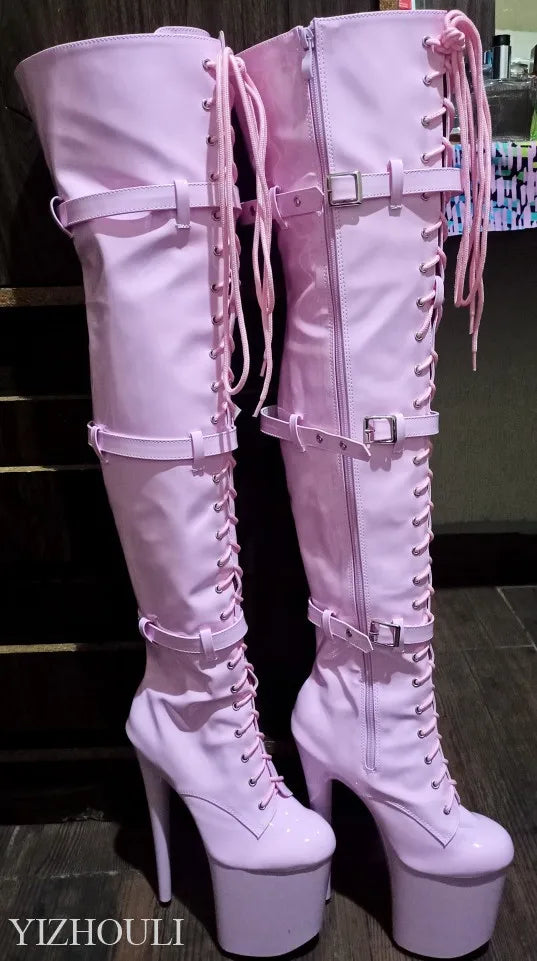 Pink 12-23cm high heels, buckle size adjustment, round head dancer fashion sexy runway performance, to thigh boots