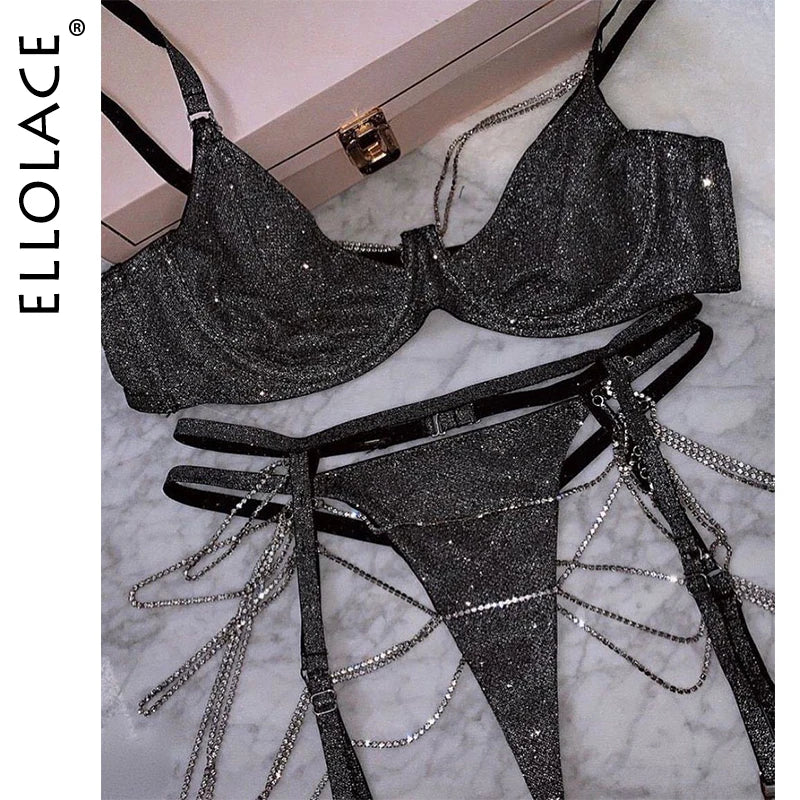 Ellolace Sparkle Chain Push Up Bra And Panty Set