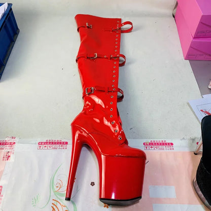 Pink 12-23cm high heels, buckle size adjustment, round head dancer fashion sexy runway performance, to thigh boots