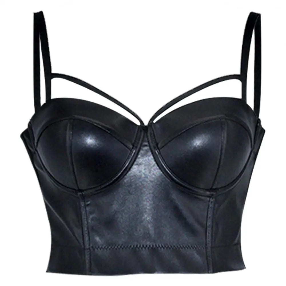 Steampunk Black PU Leather Zippper Push Up Bralet Sexy Women Bustier Gothic Punk Bra Lingerie Night Club Party Cropped Top Vest