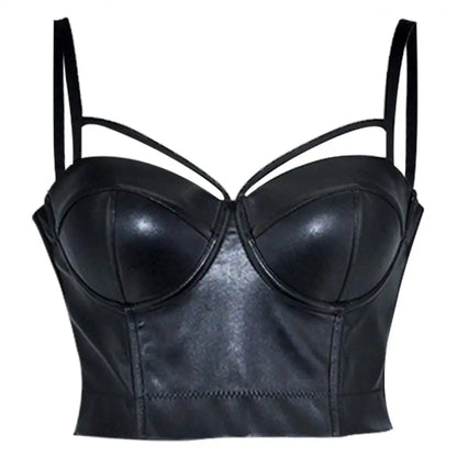 Steampunk Black PU Leather Zippper Push Up Bralet Sexy Women Bustier Gothic Punk Bra Lingerie Night Club Party Cropped Top Vest
