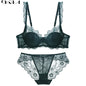 Brassiere Embroidery Bras Green Underwear Set