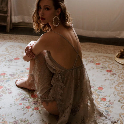 Grey Floral Hollowed Out Lace Nightdress