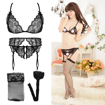 Push Up Bra Set Erotic Transparent Underwear Net Stockings
