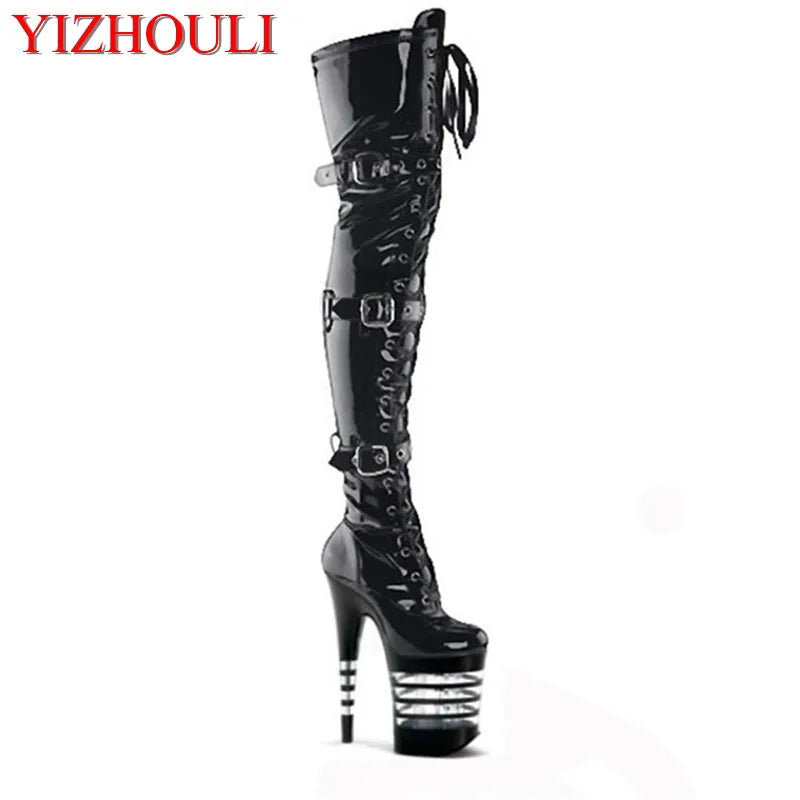 Pink 12-23cm high heels, buckle size adjustment, round head dancer fashion sexy runway performance, to thigh boots