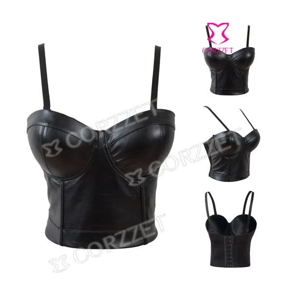 Steampunk Black PU Leather Zippper Push Up Bralet Sexy Women Bustier Gothic Punk Bra Lingerie Night Club Party Cropped Top Vest