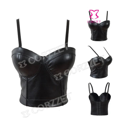 Steampunk Black PU Leather Zippper Push Up Bralet Sexy Women Bustier Gothic Punk Bra Lingerie Night Club Party Cropped Top Vest