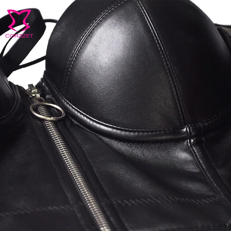 Steampunk Black PU Leather Zippper Push Up Bralet Sexy Women Bustier Gothic Punk Bra Lingerie Night Club Party Cropped Top Vest
