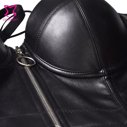 Steampunk Black PU Leather Zippper Push Up Bralet Sexy Women Bustier Gothic Punk Bra Lingerie Night Club Party Cropped Top Vest