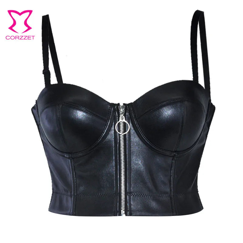 Steampunk Black PU Leather Zippper bralet