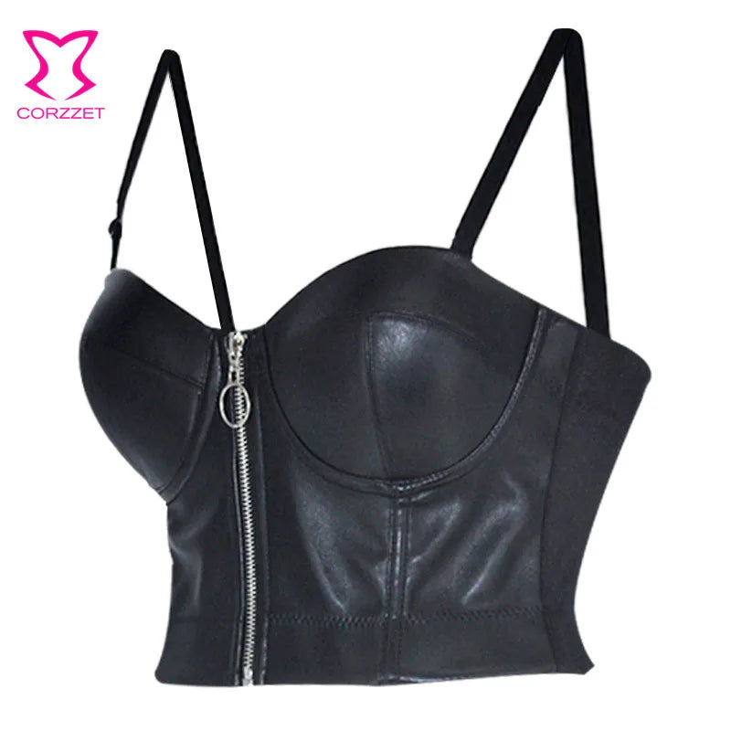 Steampunk Black PU Leather Zippper Push Up Bralet Sexy Women Bustier Gothic Punk Bra Lingerie Night Club Party Cropped Top Vest