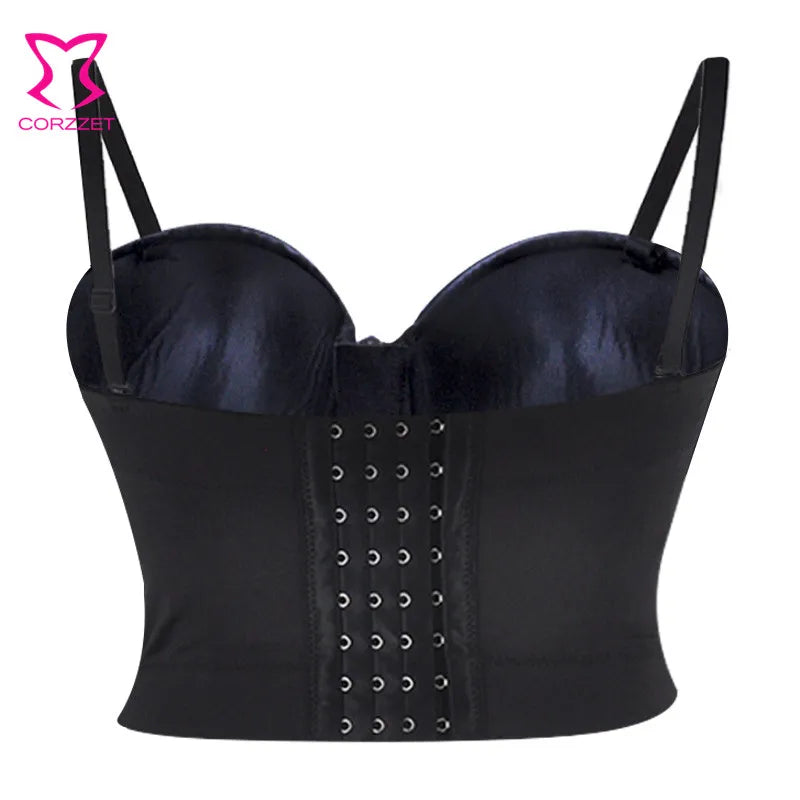 Steampunk Black PU Leather Zippper Push Up Bralet Sexy Women Bustier Gothic Punk Bra Lingerie Night Club Party Cropped Top Vest