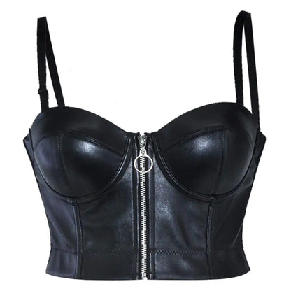 Steampunk Black PU Leather Zippper Push Up Bralet Sexy Women Bustier Gothic Punk Bra Lingerie Night Club Party Cropped Top Vest