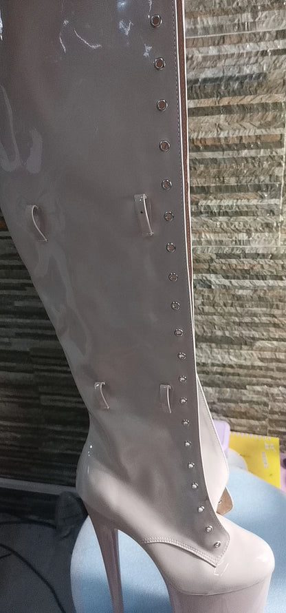 Pink 12-23cm high heels, buckle size adjustment, round head dancer fashion sexy runway performance, to thigh boots