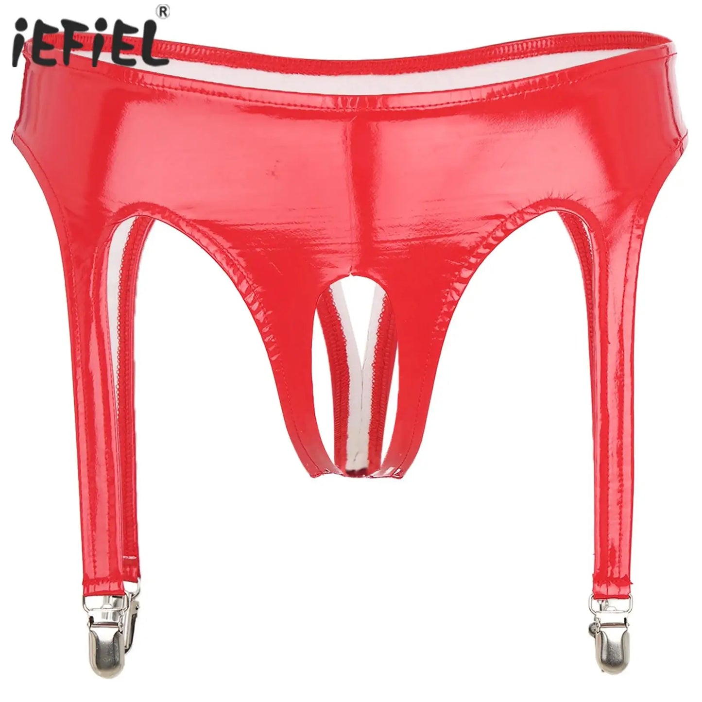 Womens Lingerie Glossy Patent Leather Briefs Underwear with Garter Clips