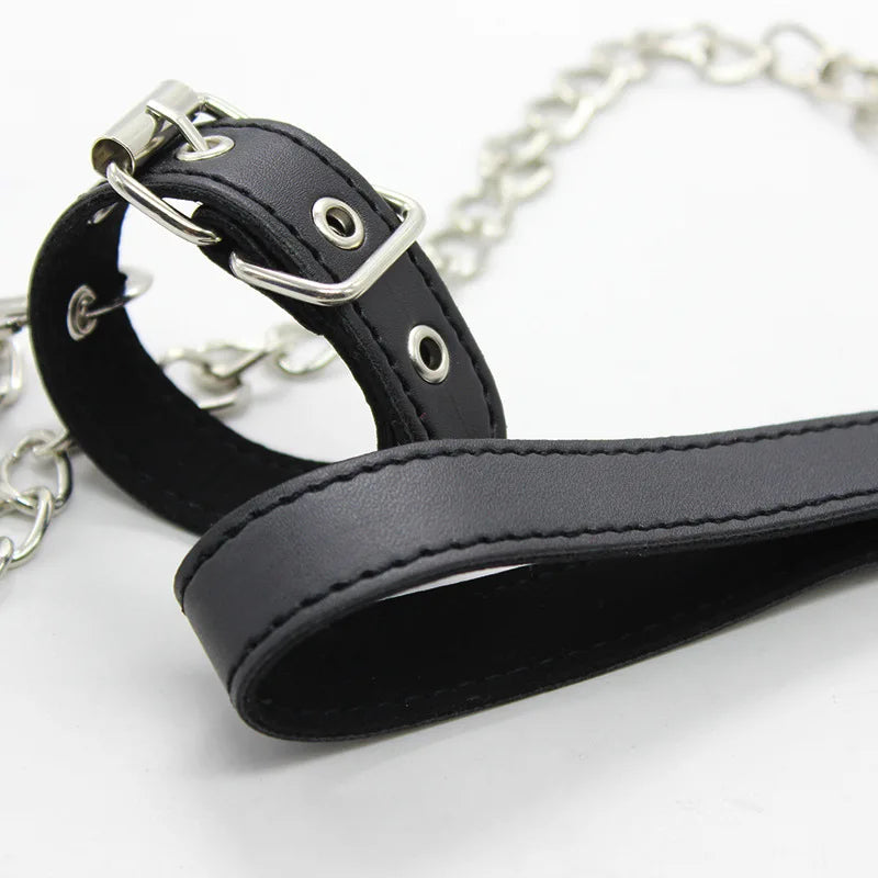 Leather Penis Ring w/Metal Chain Scrotal Cuff