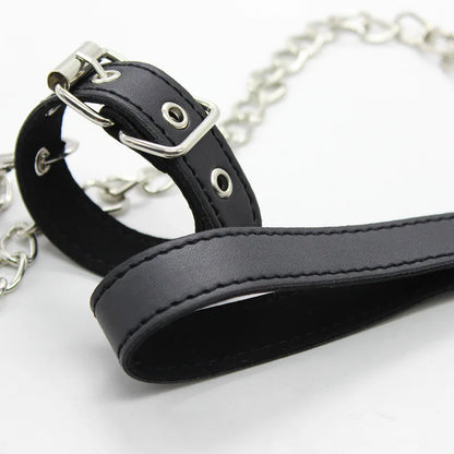 Leather Penis Ring w/Metal Chain Scrotal Cuff