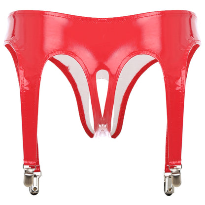 Womens Lingerie Glossy Patent Leather Briefs Underwear with Garter Clips