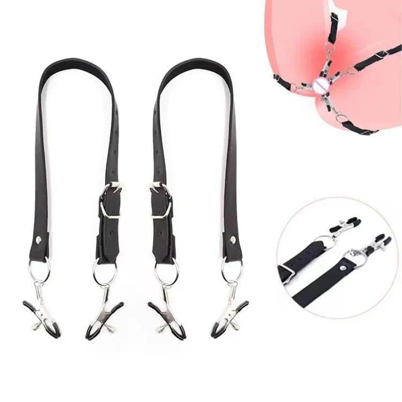 Black Leather Strap Harness w/Nipple Clamps/ Labia Clips