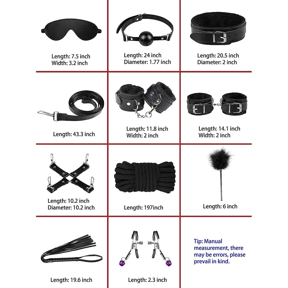 11pcs Plush Leather Handcuff Bondage Kit