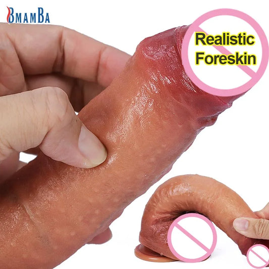 Silicone Real Big Thick Strap on Penis Foreskin Dick Anal Dildo