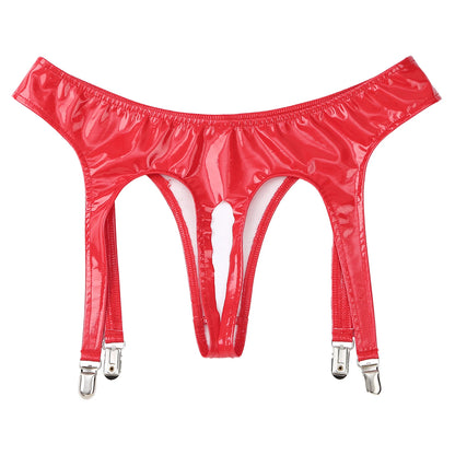 Womens Lingerie Glossy Patent Leather Briefs Underwear with Garter Clips