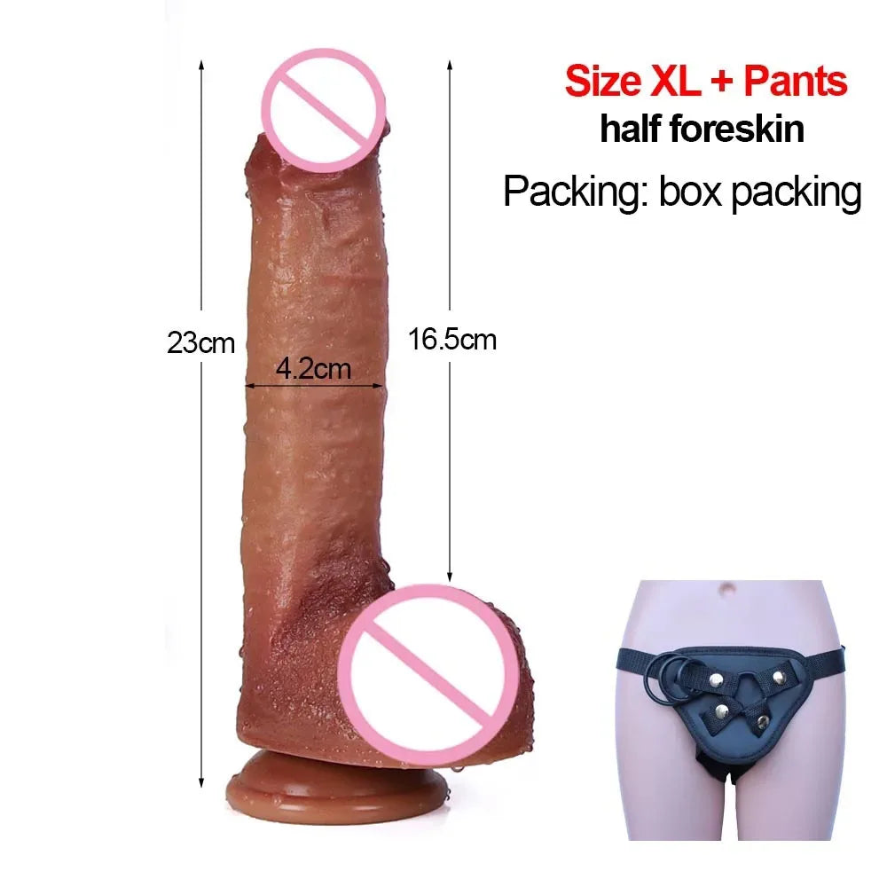 Silicone Real Big Thick Strap on Penis Foreskin Dick Anal Dildo