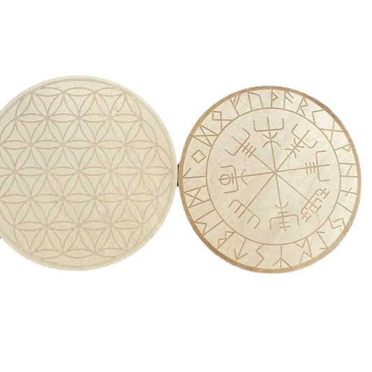 20cm Wood Round Altar Tile/Pad with viking compass