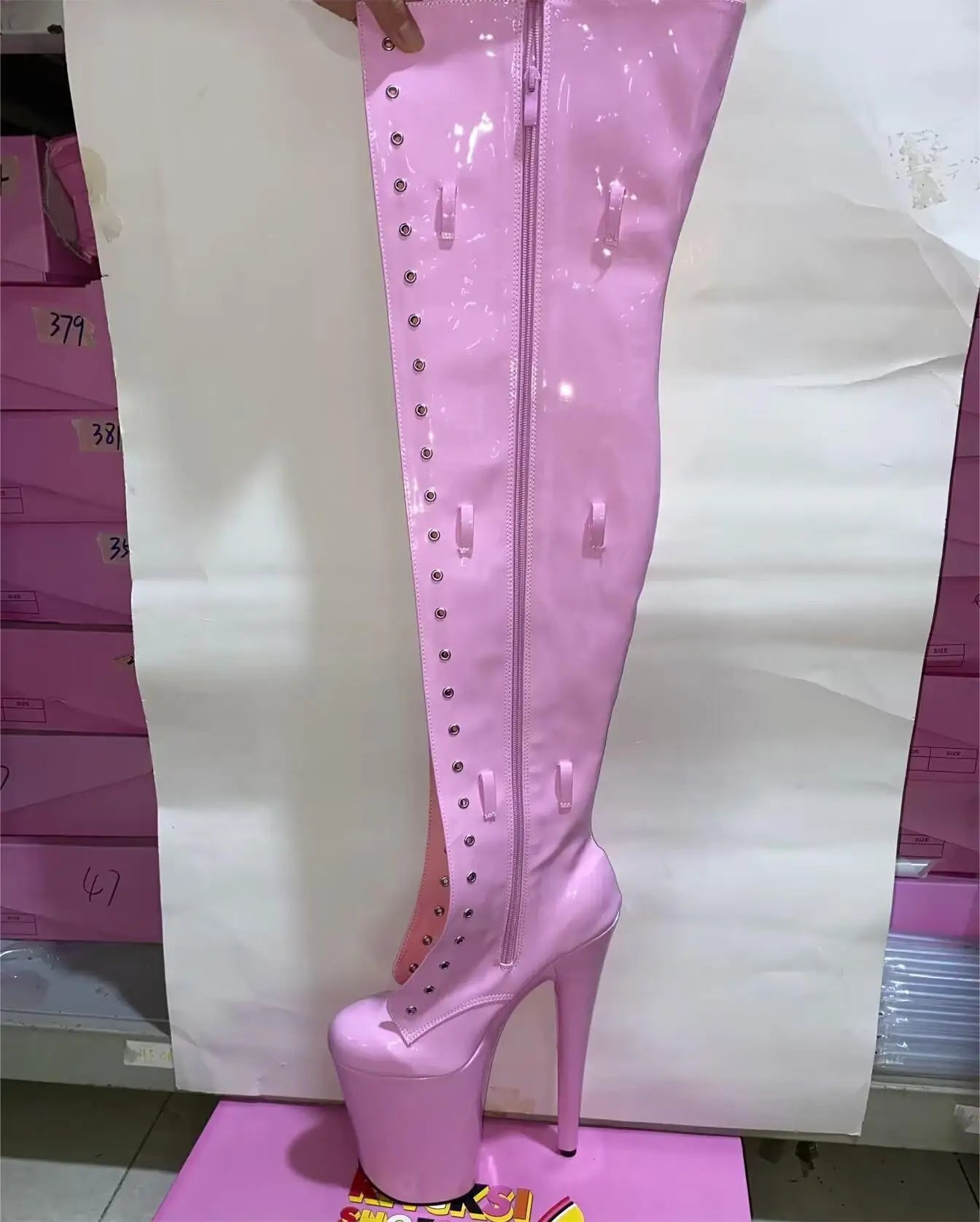 Pink 12-23cm high heels, buckle size adjustment, round head dancer fashion sexy runway performance, to thigh boots