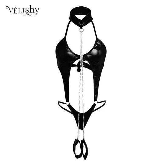 Women Black Patent Leather Bodysuit