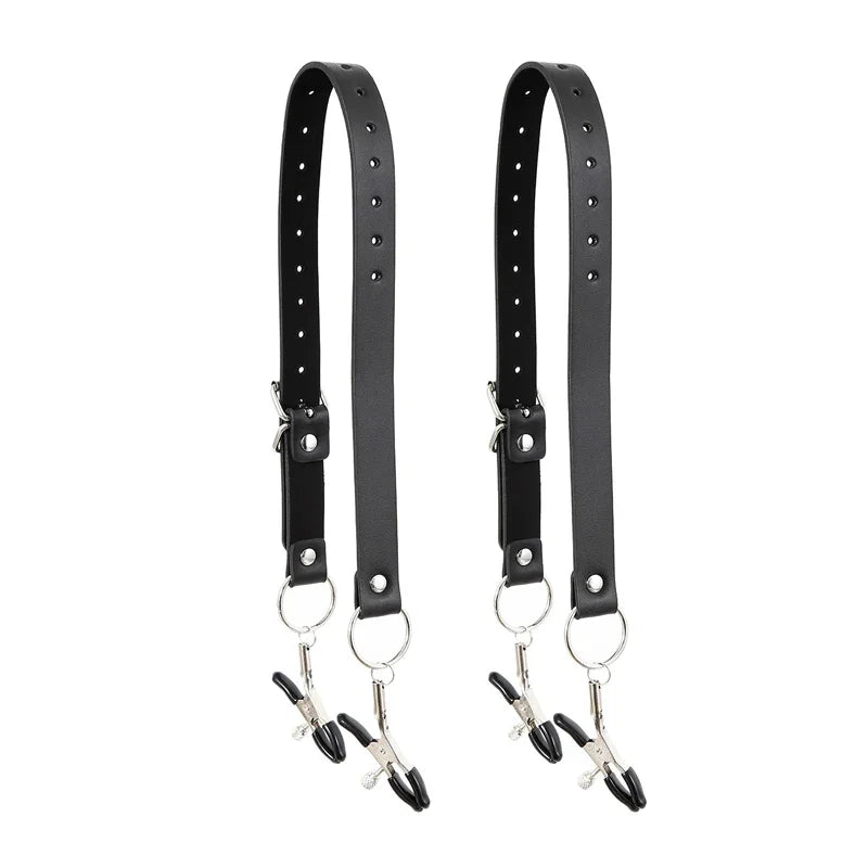 Black Leather Strap Harness w/Nipple Clamps/ Labia Clips