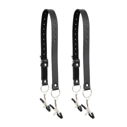 Black Leather Strap Harness w/Nipple Clamps/ Labia Clips