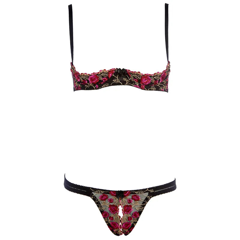 Exquisite Embroidery Flower Push Up Open Bra Crotch Panty Set