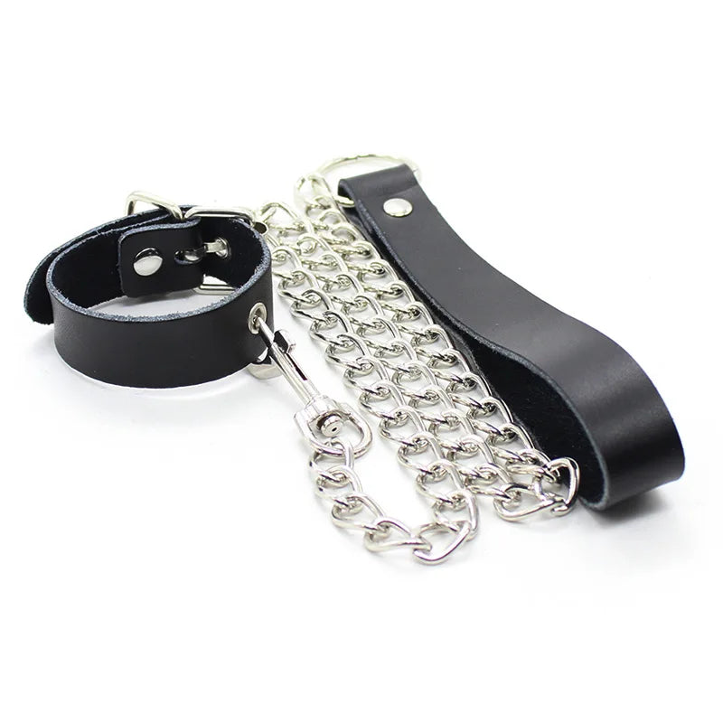 Leather Penis Ring w/Metal Chain Scrotal Cuff