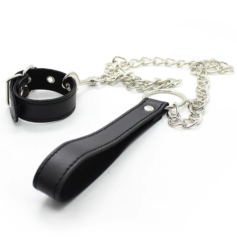 Leather Penis Ring w/Metal Chain Scrotal Cuff