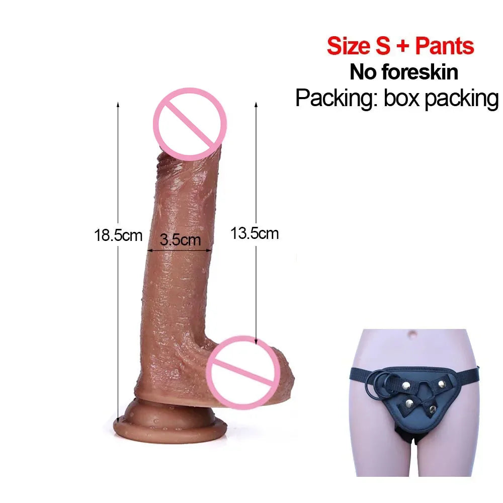 Silicone Real Big Thick Strap on Penis Foreskin Dick Anal Dildo