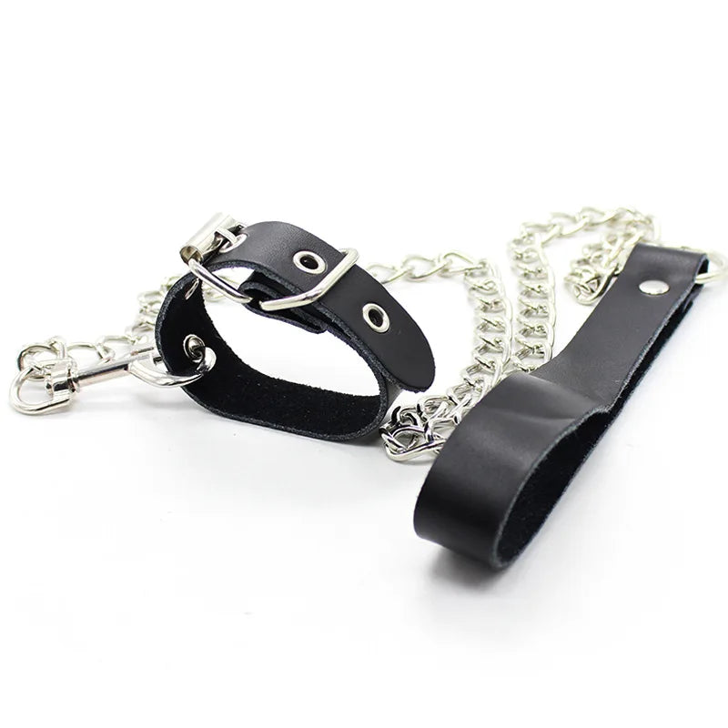 Leather Penis Ring w/Metal Chain Scrotal Cuff
