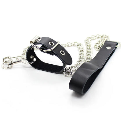 Leather Penis Ring w/Metal Chain Scrotal Cuff