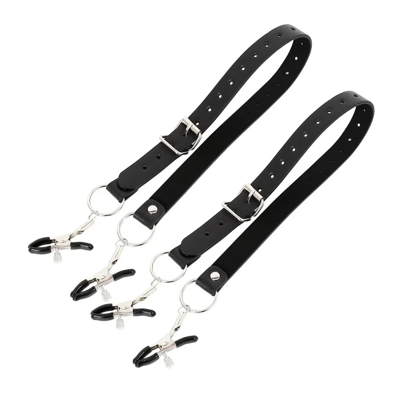 Black Leather Strap Harness w/Nipple Clamps/ Labia Clips