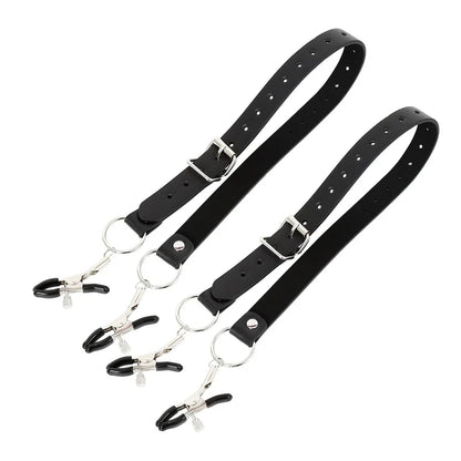 Black Leather Strap Harness w/Nipple Clamps/ Labia Clips